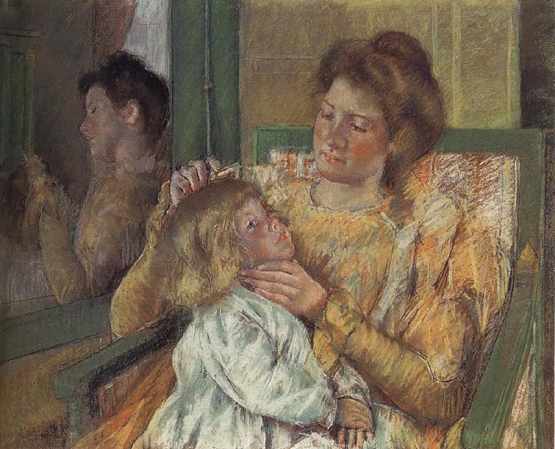 Mary Cassatt Mother doing up daughter-s hair Norge oil painting art